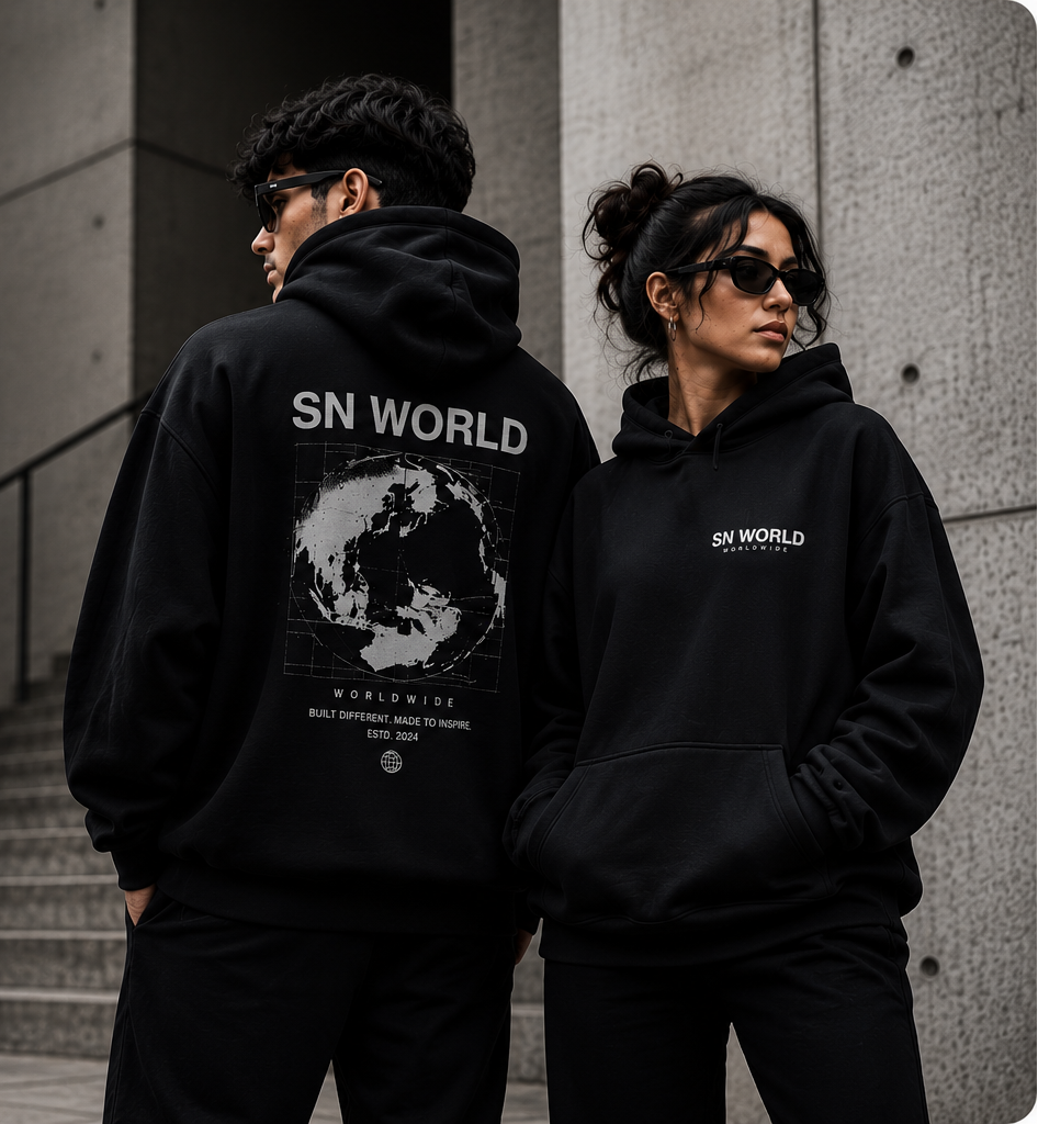 Two models wearing black hoodies with white 'SN WORLD' graphics, standing in a modern concrete stairwell.