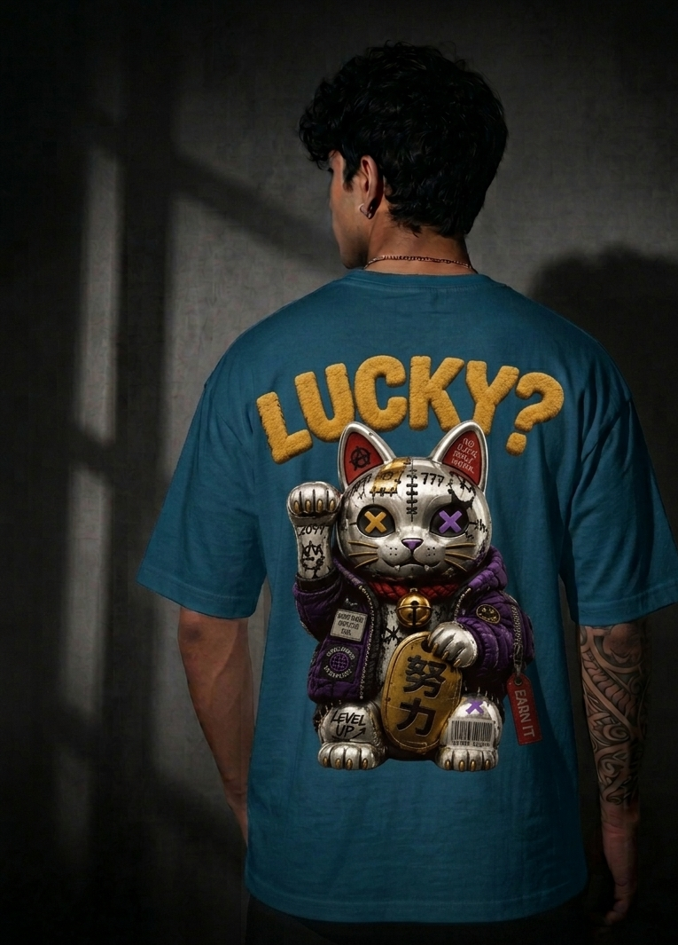A man viewed from behind wearing a teal blue t-shirt with a large graphic on the back. The graphic features the word 'LUCKY?' in yellow above a detailed cartoon Maneki-neko (lucky cat) in purple and gold.